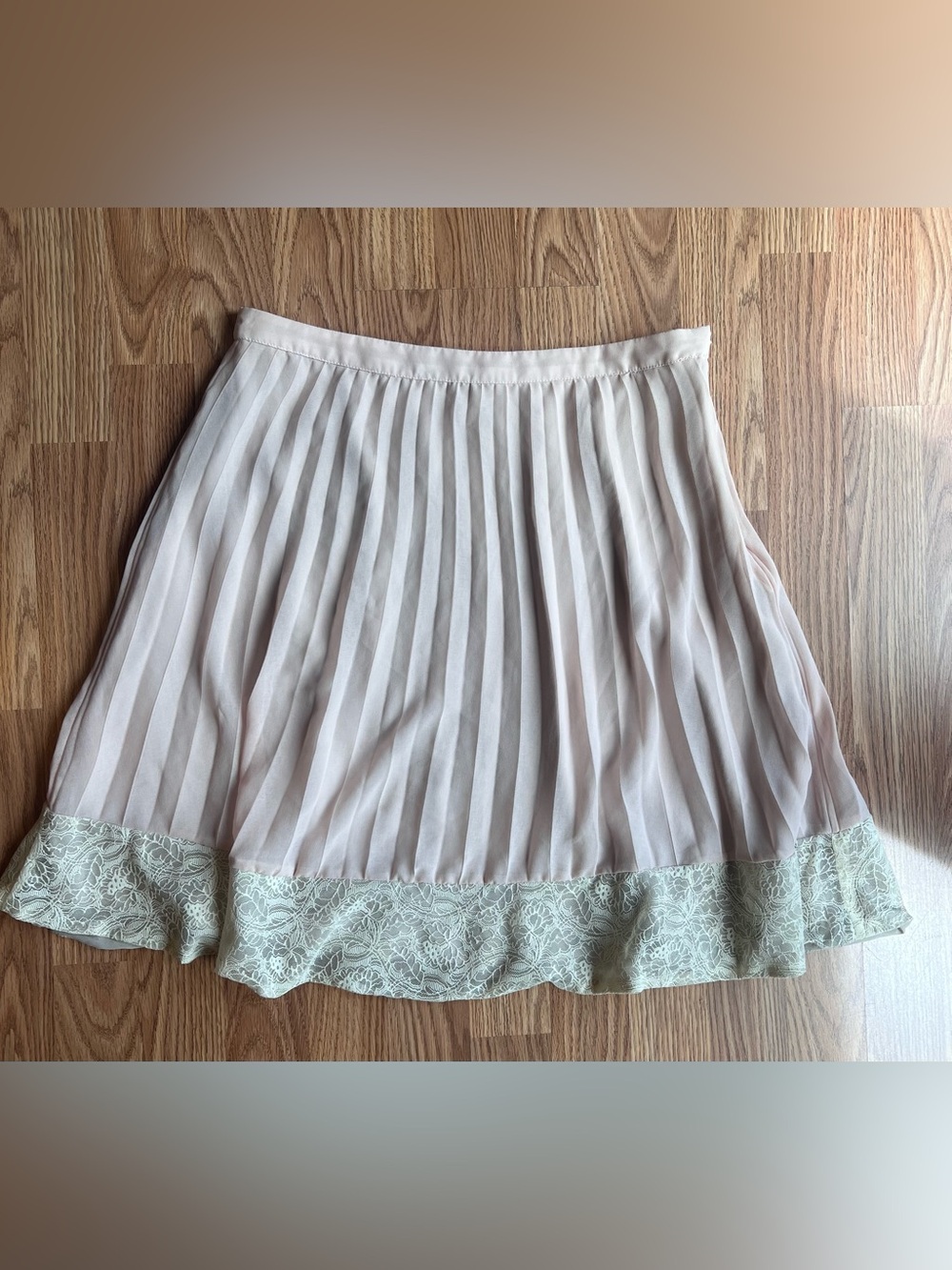 Hem & Thread Blush Pleated Skirt with Lace Trim